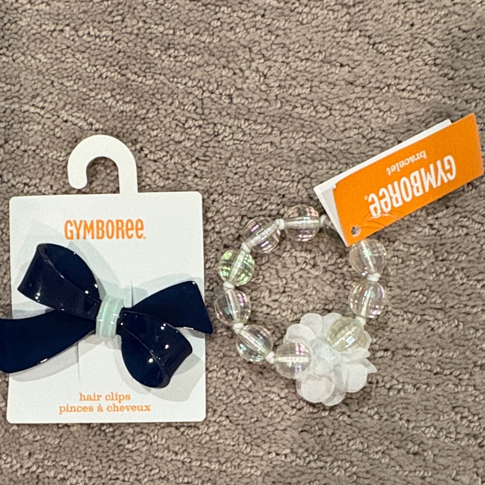 Gymboree Navy Bow Hair Clip and Iridescent Beaded Bracelet new